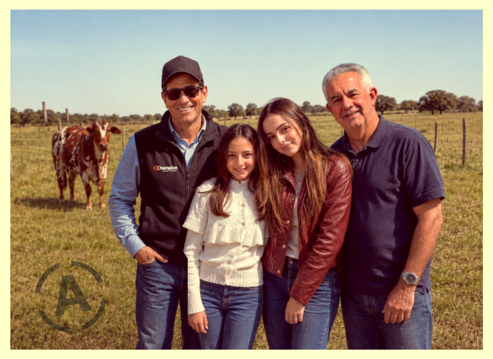 Três gerações da família Rocha reunidas no campo, com um bovino ao fundo