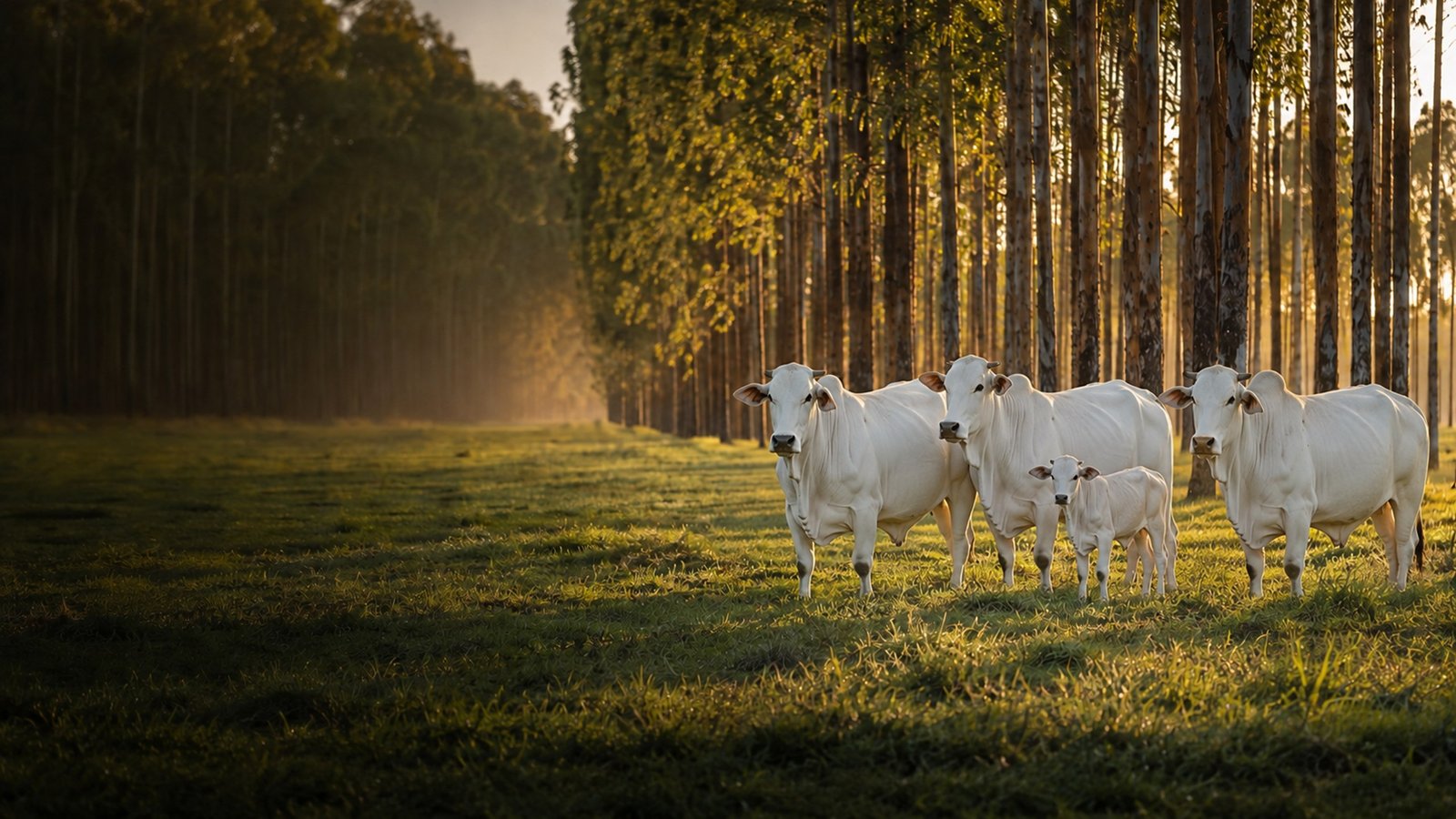 Lote homogêneo de vacas e bezerros Nelore brancos em pastagem com linhas de eucalipto ao pôr do sol