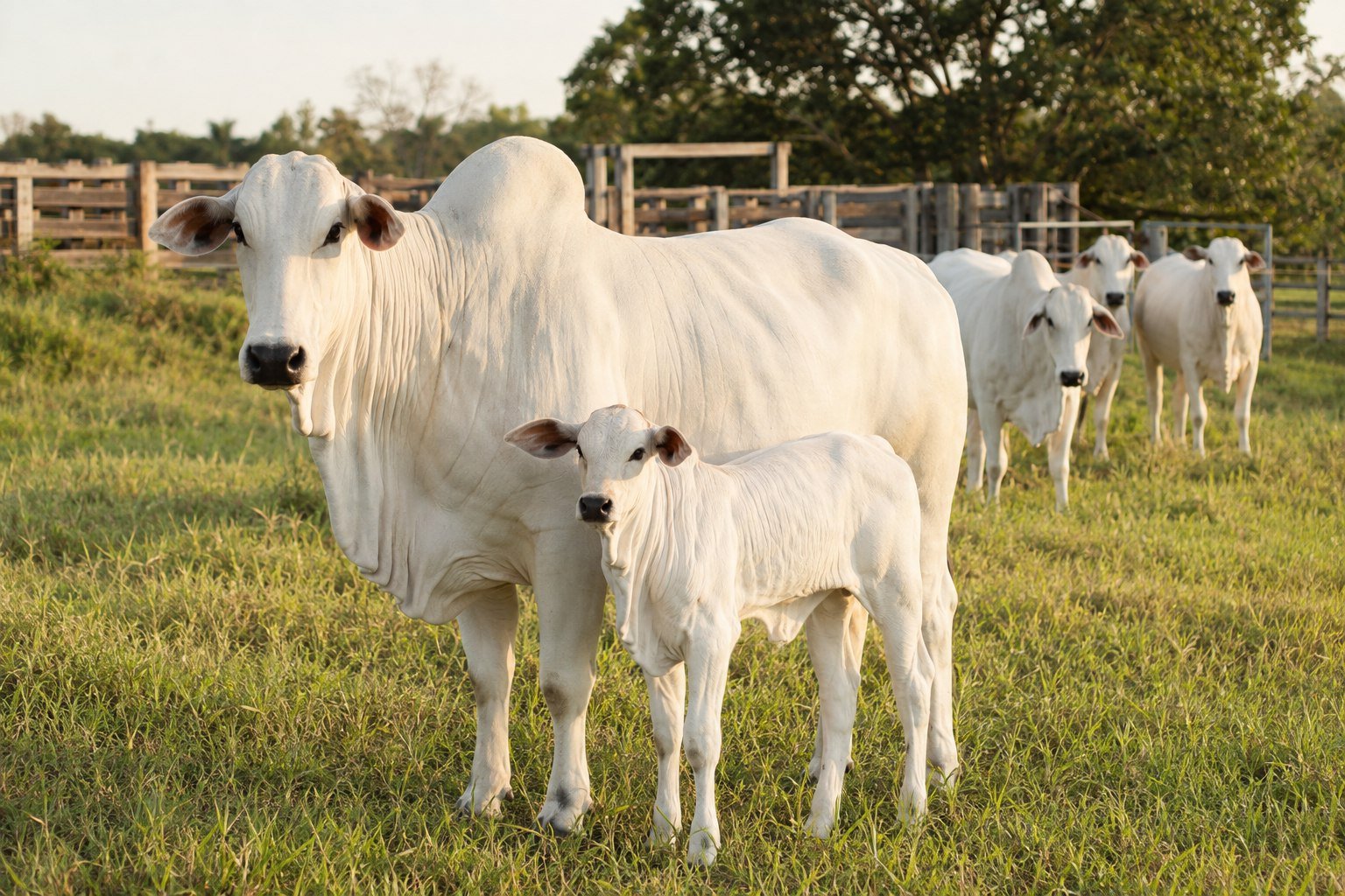 Vaca Nelore branca com bezerro Nelore branco e lote homogêneo ao fundo