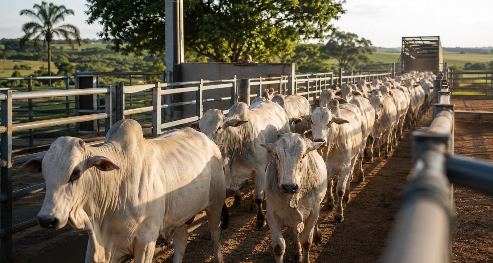 Lote homogêneo de bovinos Nelore brancos em corredor de manejo moderno