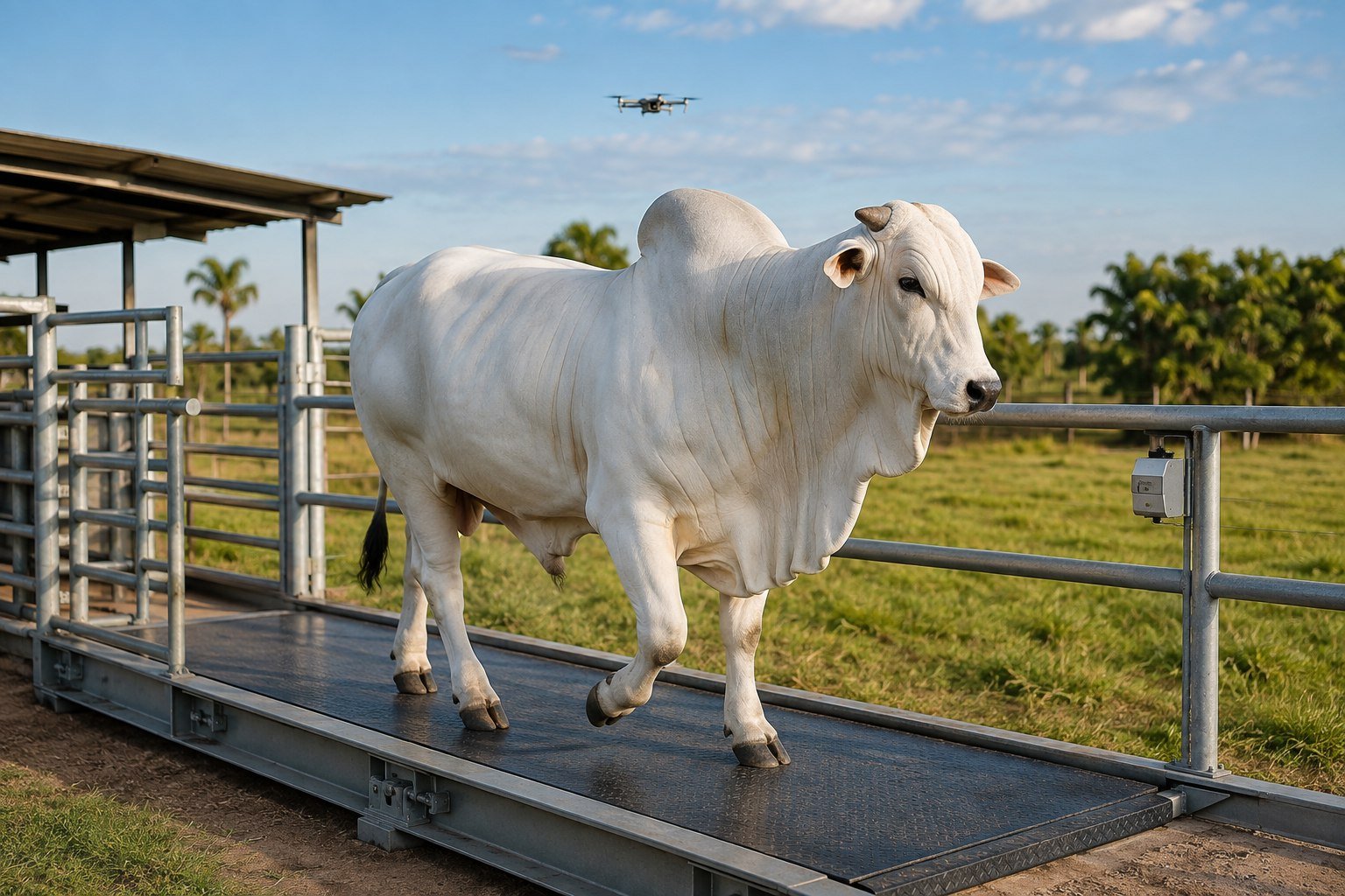Bovino Nelore branco em balança inteligente com drone e sensor no campo